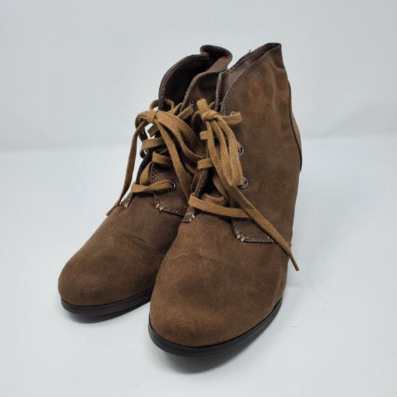 A.N.A. Brown Lace Up Wedge Booties - Picture 2 of 8